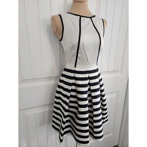 Just Taylor Black And White Striped Mixed Media Fit And Flare Dress 4
